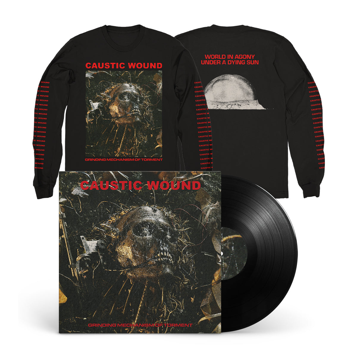 CAUSTIC WOUND "Grinding Mechanism Of Torment" LP + Longsleeve Bundle BLACK